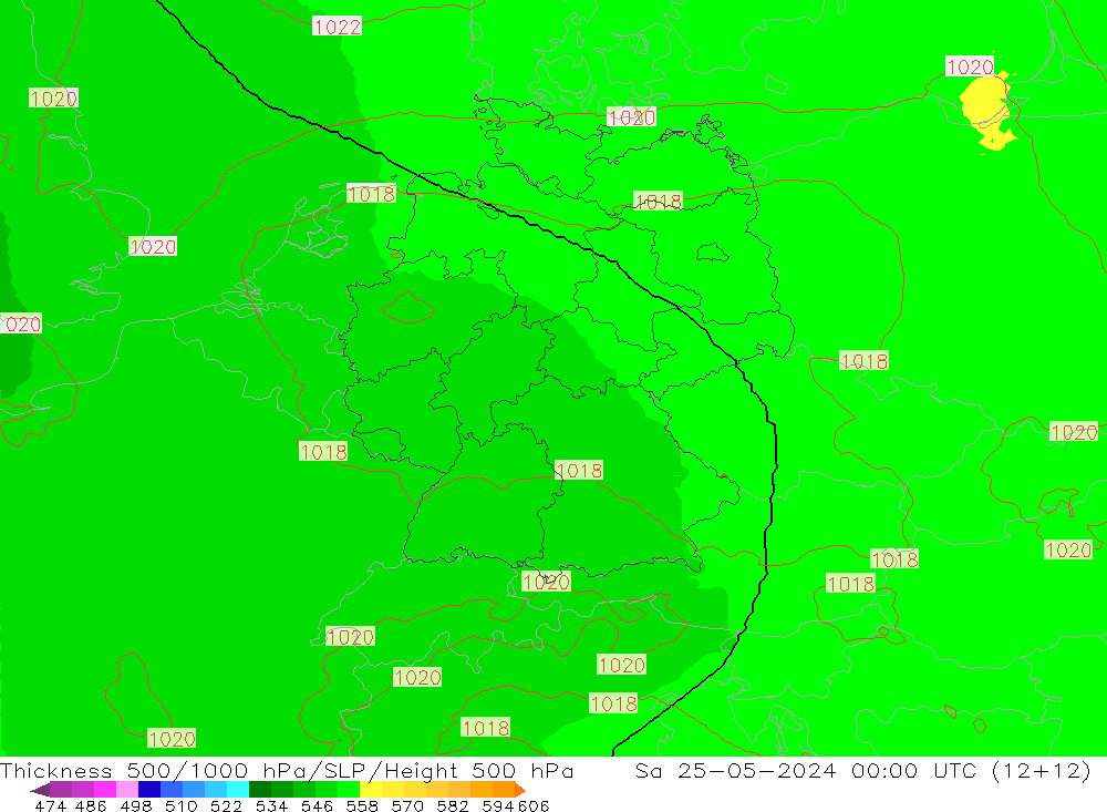 Thck 500-1000hPa UK-Global 星期六 25.05.2024 00 UTC