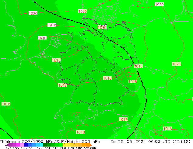 Dikte 500-1000hPa UK-Global za 25.05.2024 06 UTC