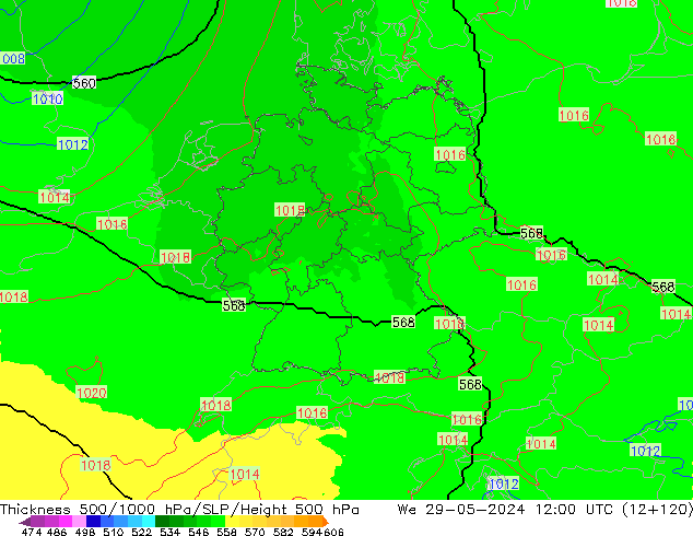 Schichtdicke 500-1000 hPa UK-Global Mi 29.05.2024 12 UTC