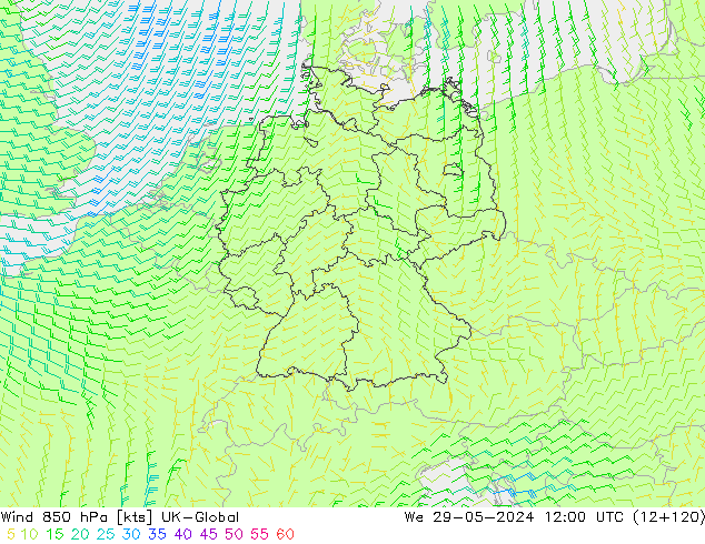 Vent 850 hPa UK-Global mer 29.05.2024 12 UTC