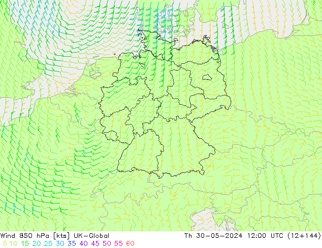 Vento 850 hPa UK-Global Qui 30.05.2024 12 UTC
