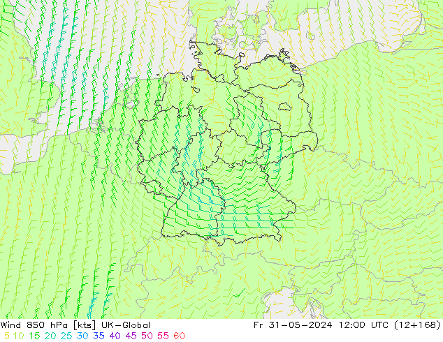 Vento 850 hPa UK-Global Sex 31.05.2024 12 UTC