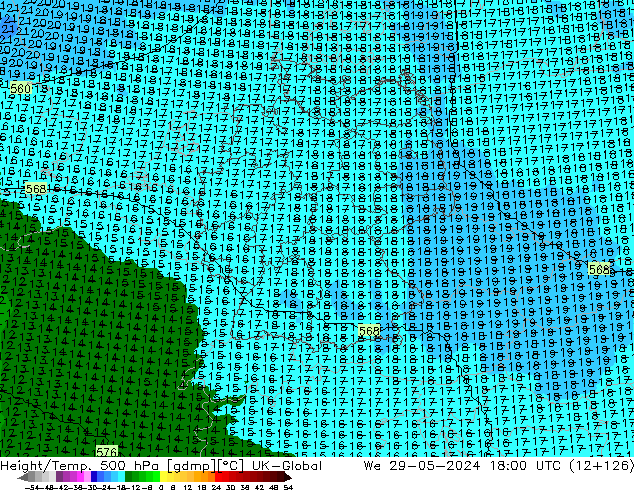 Height/Temp. 500 hPa UK-Global Mi 29.05.2024 18 UTC