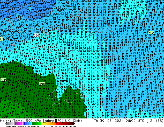 Height/Temp. 500 hPa UK-Global Th 30.05.2024 06 UTC