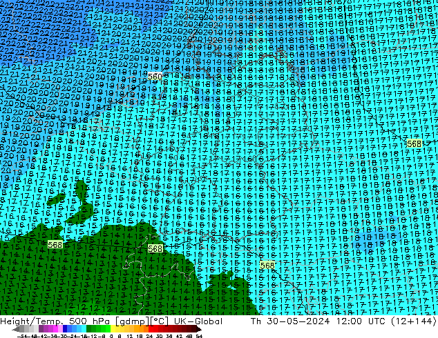 Hoogte/Temp. 500 hPa UK-Global do 30.05.2024 12 UTC