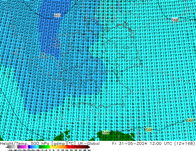 Height/Temp. 500 гПа UK-Global пт 31.05.2024 12 UTC