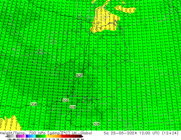 Height/Temp. 700 hPa UK-Global Sa 25.05.2024 12 UTC