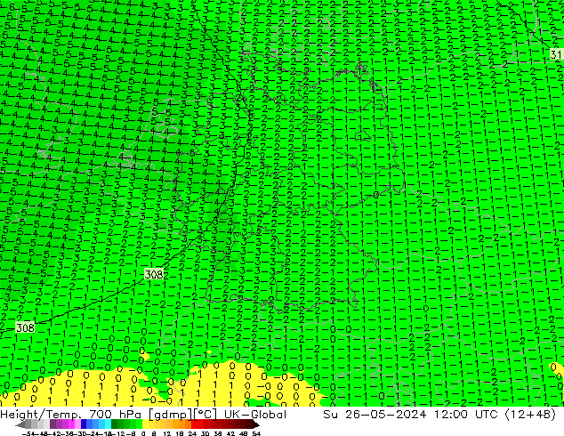 Height/Temp. 700 hPa UK-Global So 26.05.2024 12 UTC