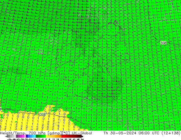 Height/Temp. 700 hPa UK-Global Th 30.05.2024 06 UTC