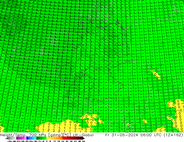 Geop./Temp. 700 hPa UK-Global vie 31.05.2024 06 UTC