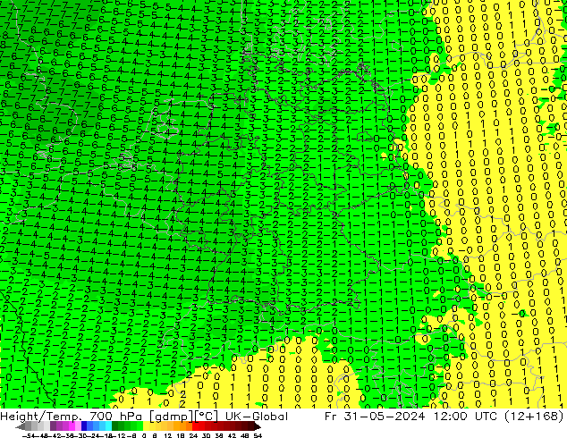 Géop./Temp. 700 hPa UK-Global ven 31.05.2024 12 UTC