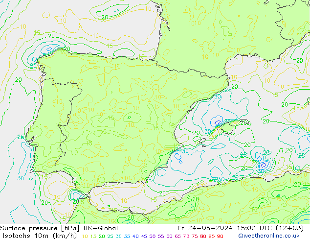 Isotachs (kph) UK-Global Fr 24.05.2024 15 UTC