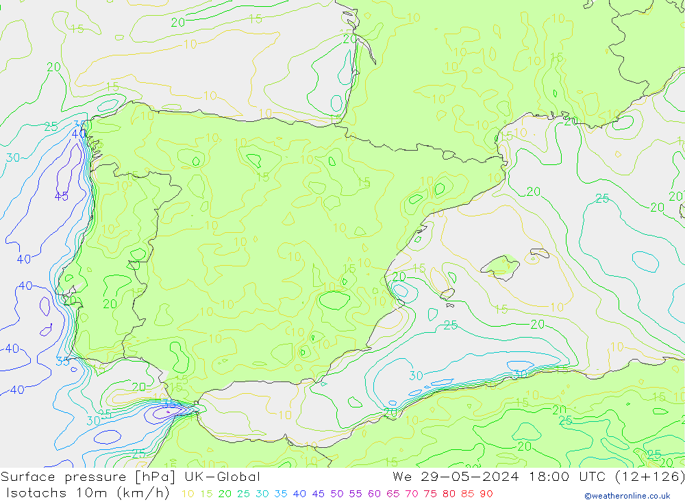 Izotacha (km/godz) UK-Global śro. 29.05.2024 18 UTC