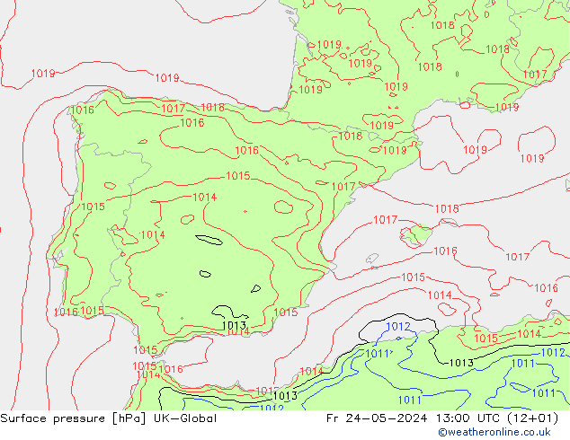 Surface pressure UK-Global Fr 24.05.2024 13 UTC