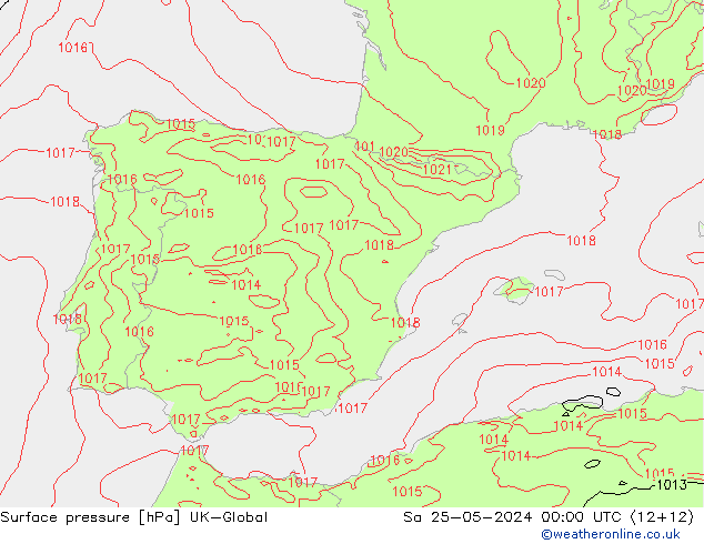 Pressione al suolo UK-Global sab 25.05.2024 00 UTC