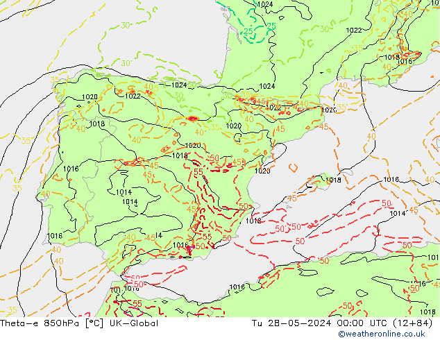 Theta-e 850hPa UK-Global Út 28.05.2024 00 UTC