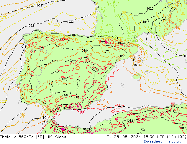 Theta-e 850hPa UK-Global Sa 28.05.2024 18 UTC