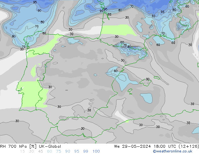 RH 700 hPa UK-Global śro. 29.05.2024 18 UTC