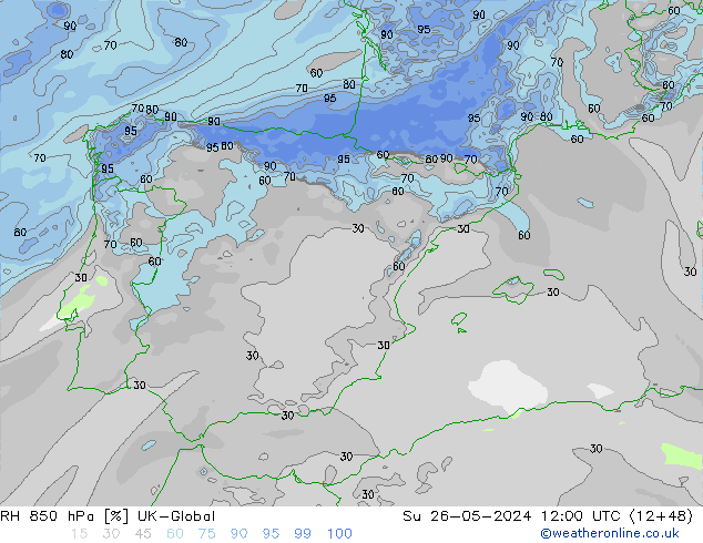 RH 850 hPa UK-Global Su 26.05.2024 12 UTC