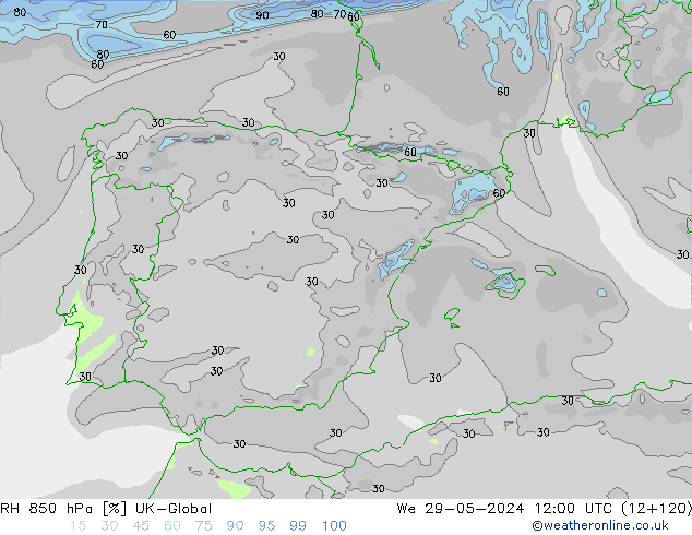 RH 850 hPa UK-Global Mi 29.05.2024 12 UTC