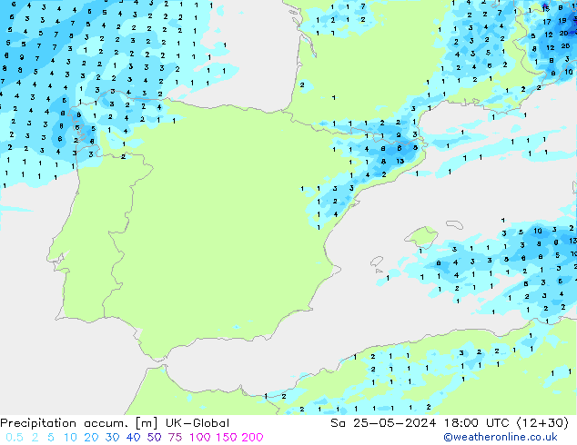 Precipitation accum. UK-Global сб 25.05.2024 18 UTC