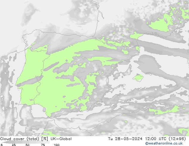 Cloud cover (total) UK-Global Tu 28.05.2024 12 UTC