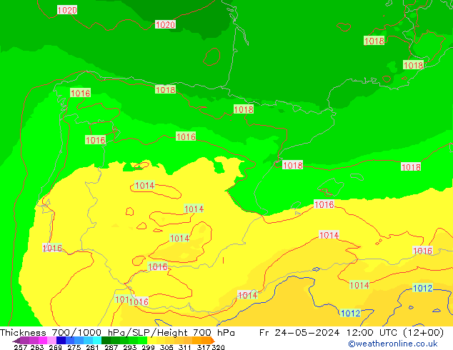 Espesor 700-1000 hPa UK-Global vie 24.05.2024 12 UTC