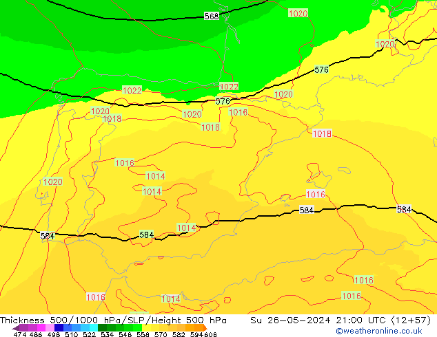 Dikte 500-1000hPa UK-Global zo 26.05.2024 21 UTC