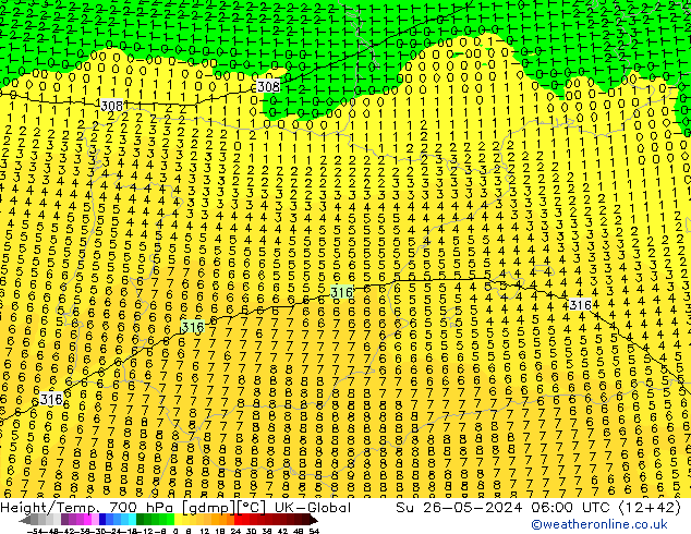 Height/Temp. 700 hPa UK-Global Su 26.05.2024 06 UTC