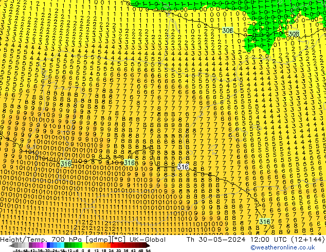 Height/Temp. 700 hPa UK-Global  30.05.2024 12 UTC