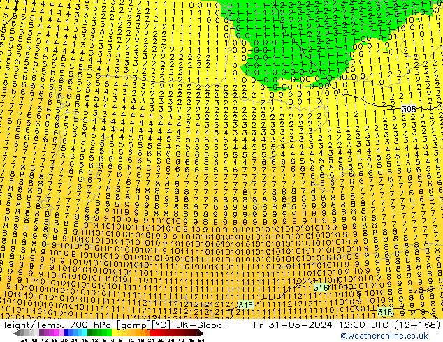 Yükseklik/Sıc. 700 hPa UK-Global Cu 31.05.2024 12 UTC
