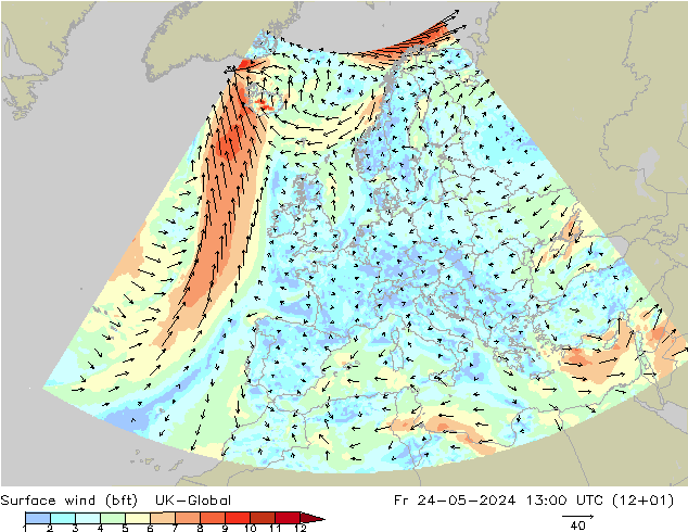 Surface wind (bft) UK-Global Fr 24.05.2024 13 UTC