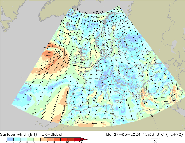 Surface wind (bft) UK-Global Mo 27.05.2024 12 UTC