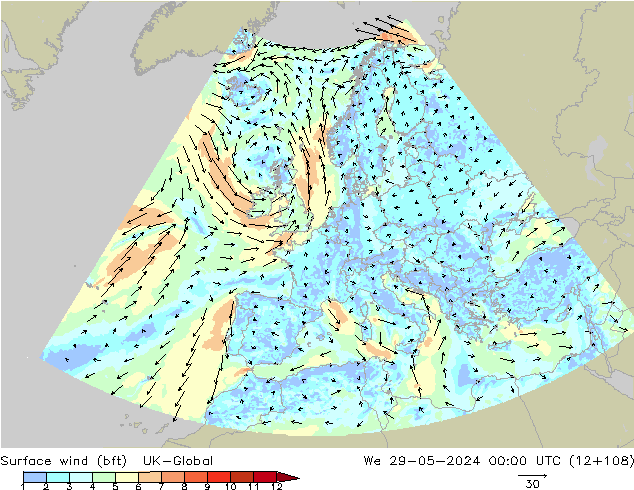 Surface wind (bft) UK-Global We 29.05.2024 00 UTC