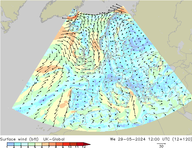 Bodenwind (bft) UK-Global Mi 29.05.2024 12 UTC