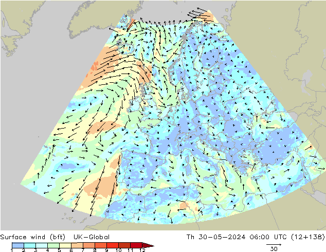 Wind 10 m (bft) UK-Global do 30.05.2024 06 UTC