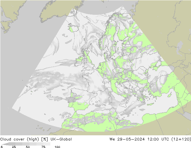 Cloud cover (high) UK-Global We 29.05.2024 12 UTC