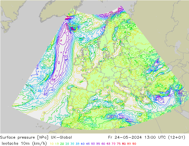 10米等风速线 (kph) UK-Global 星期五 24.05.2024 13 UTC