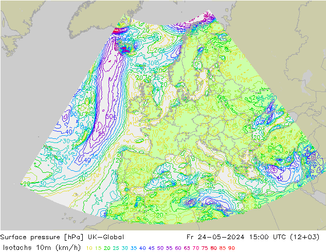 Isotachs (kph) UK-Global Pá 24.05.2024 15 UTC