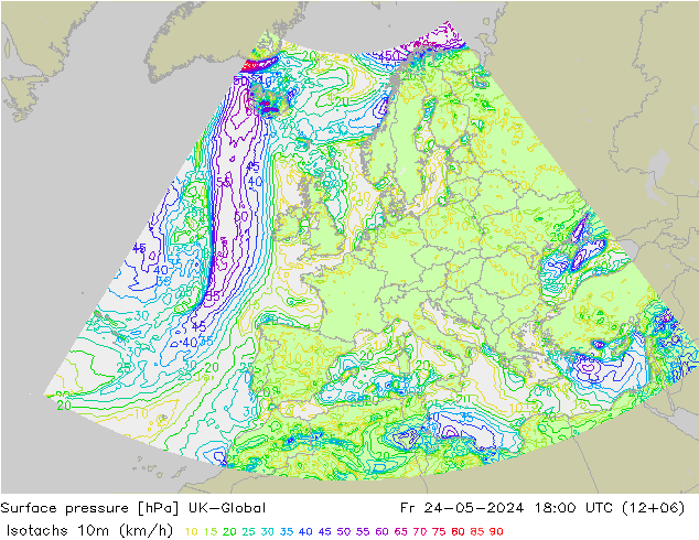 Isotachen (km/h) UK-Global Fr 24.05.2024 18 UTC