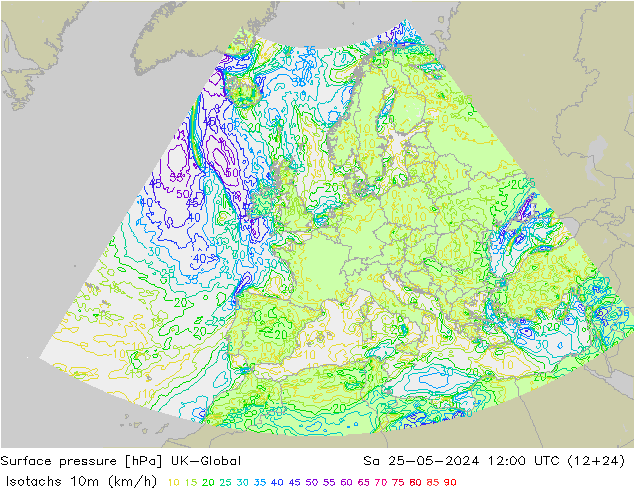 Isotachen (km/h) UK-Global Sa 25.05.2024 12 UTC
