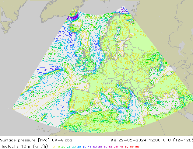 Isotachs (kph) UK-Global mer 29.05.2024 12 UTC