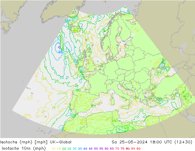 Isotachs (mph) UK-Global Sáb 25.05.2024 18 UTC