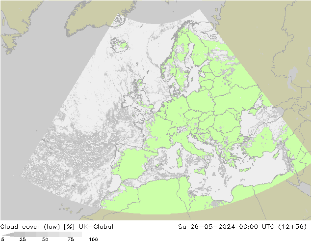 Bewolking (Laag) UK-Global zo 26.05.2024 00 UTC