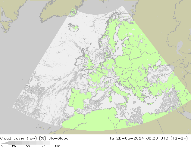 Cloud cover (low) UK-Global Tu 28.05.2024 00 UTC