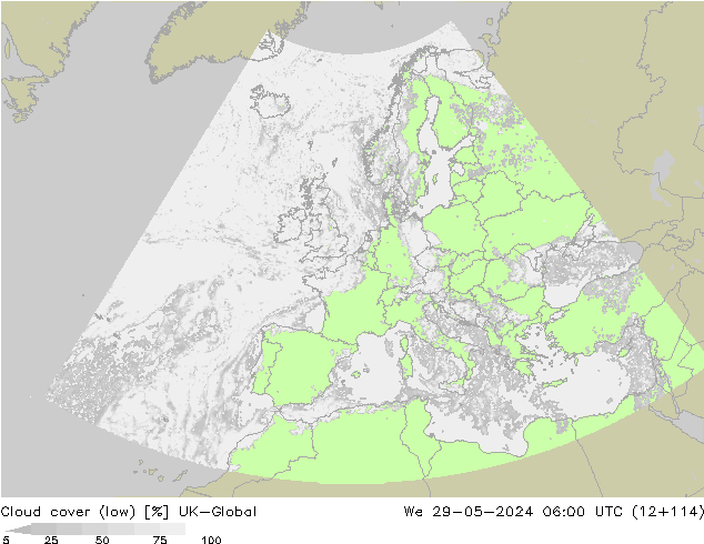 Cloud cover (low) UK-Global We 29.05.2024 06 UTC