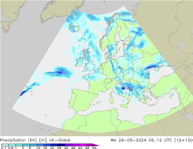 Precipitation (6h) UK-Global We 29.05.2024 12 UTC