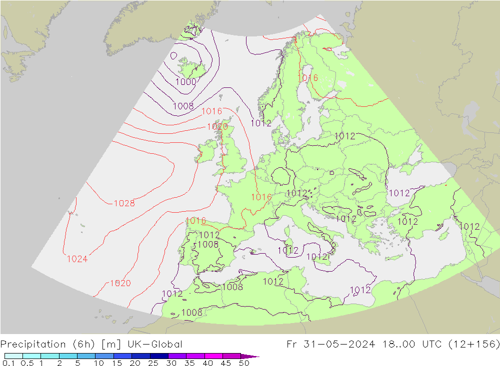 Totale neerslag (6h) UK-Global vr 31.05.2024 00 UTC