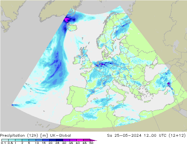 降水量 (12h) UK-Global 星期六 25.05.2024 00 UTC