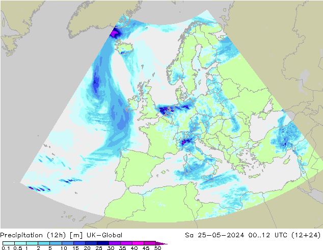 осадки (12h) UK-Global сб 25.05.2024 12 UTC